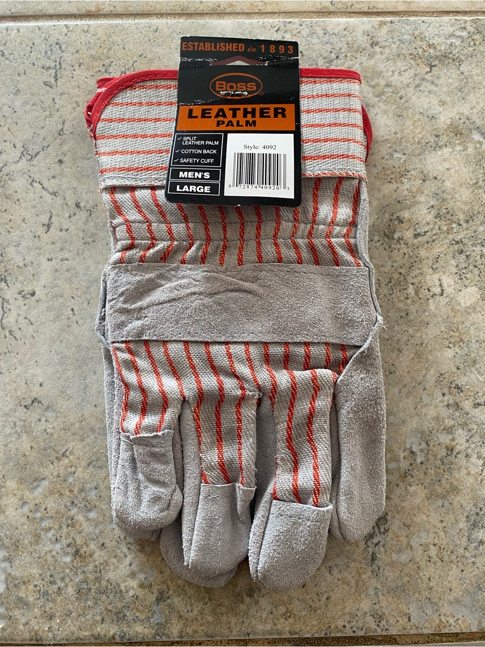 BOSS Leather Palm Work Gloves in Gray with Red Stripes - Men's Large